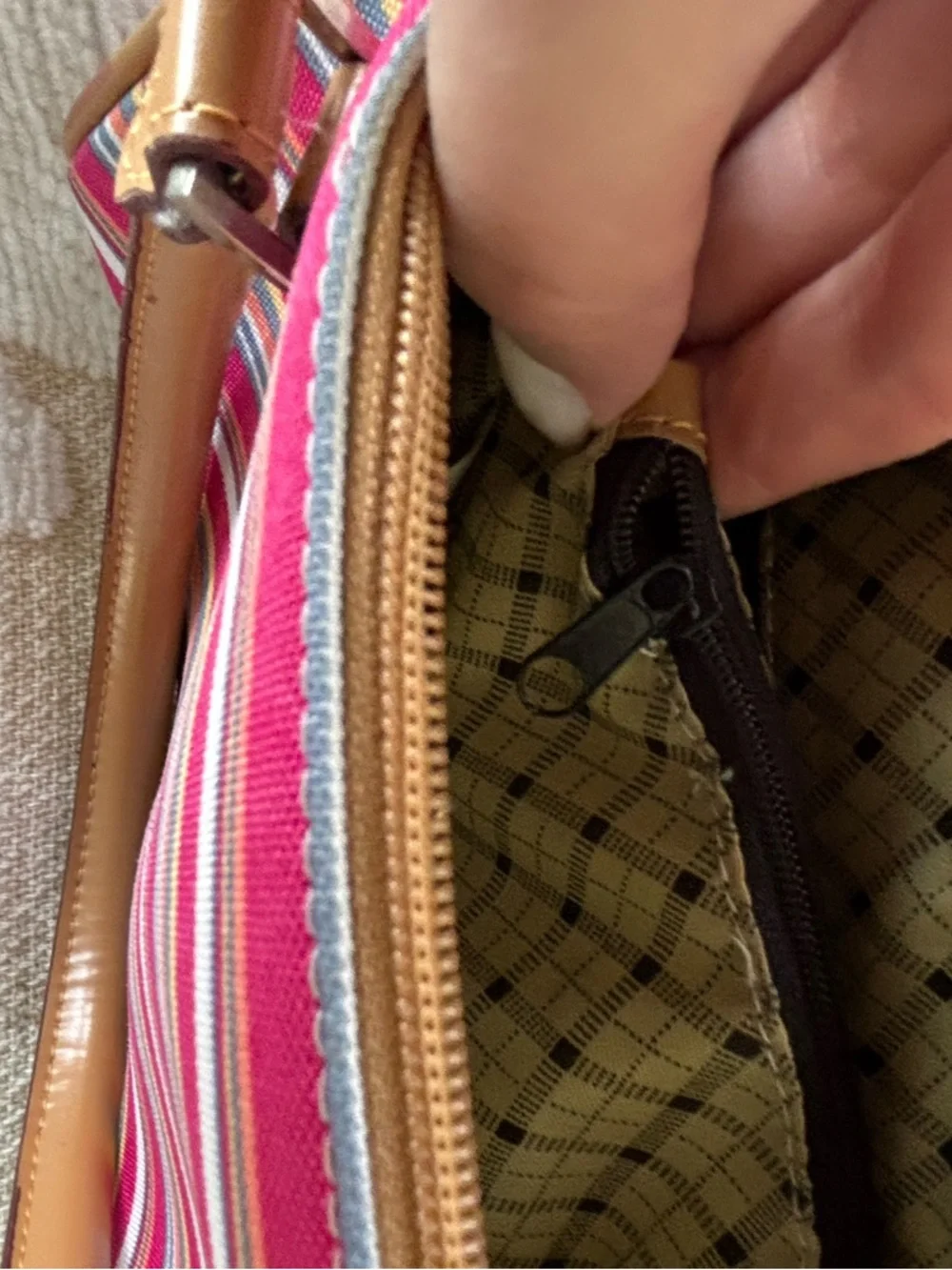 Striped Pink Multi-Color Canvas Satchel with Tan Handles - Picture 11 of 12